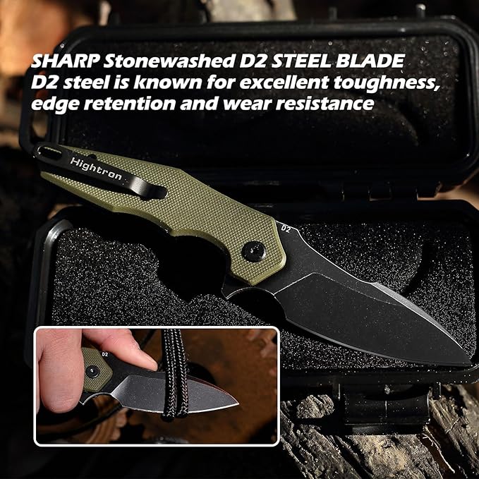 Hightron Mini Ventura Flipper Pocket Knife, 2.85" D2 Blade and Ergonomic G10 Handle, EDC Folding Knives for Camping Survival Hiking tool for Men Women (Green-B)