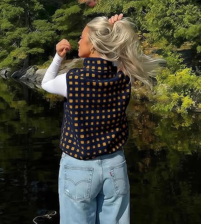Colorful world Womens Checkered Sherpa Vest Fleece Jacket Lightweight Zip Up Sleeveless Crochet Plaid Gilet with Pocket