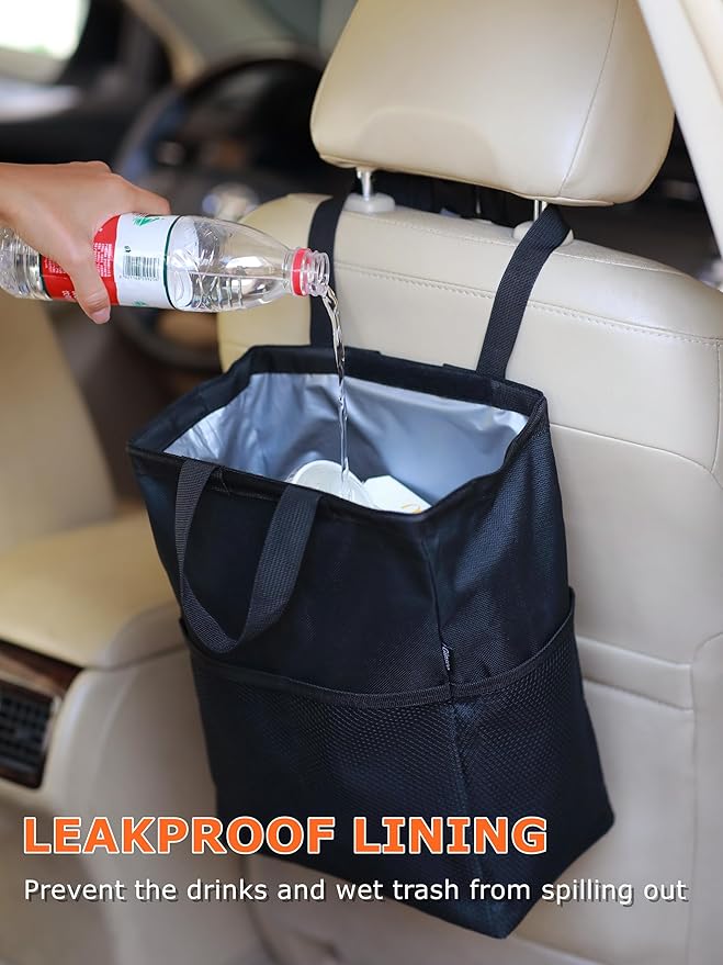 Ginsco New Leak-Proof Travel Car Trash Bag, 3.5 Gallons Large Capacity Hanging Car Trash Can with Hook and Loop Lid and Handle, Multipurpose Trash Bin with Storage Pockets for SUV RV Camping (Black)