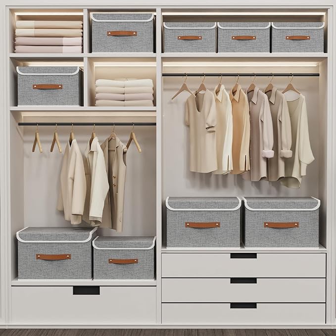 Yawinhe Storage Bins with Lids, Closet Baskets, Washable and Leather Handle, Collapsible Boxes for Home, Grey, 17.7''Lx11.8''Wx11.8''H, 3-Pack, USNK024GX-3