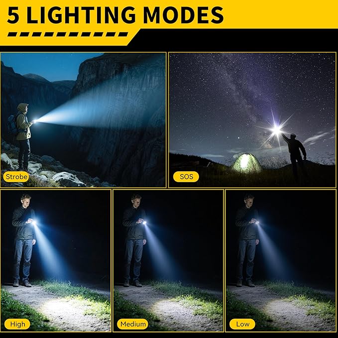 Rechargeable Flashlights High Lumens, Handheld LED Flashlights Powerful with 5 Modes,Waterproof Tactical Bright Fflash Light 9000 Lumens Battery Powered for Home, Emergencies, Camping, Hiking, 2 Pack