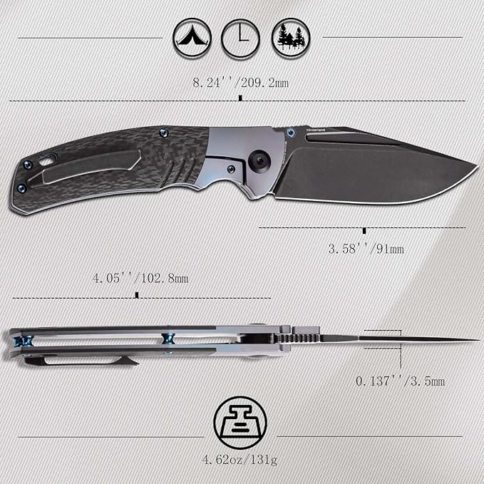 KANSEPT Hinterland Pocket Folding Knives for Men EDC Camping Folding Knife 3.58'' Blackwash CPM S35VN Blade Pocket Folding Knife with Blue Anodized Titanium Twill Carbon Fiber Inlay Handle K1057A1