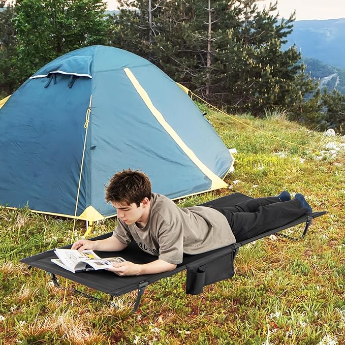 GYMAX Ultralight Camping Cot for Adults, Portable Folding Camping Bed w/Side Pocket, Carry Bag, Compact Sleeping Cot for Outdoor Backpacking Travel Hiking Home Beach, Supports 330 LBS (2)