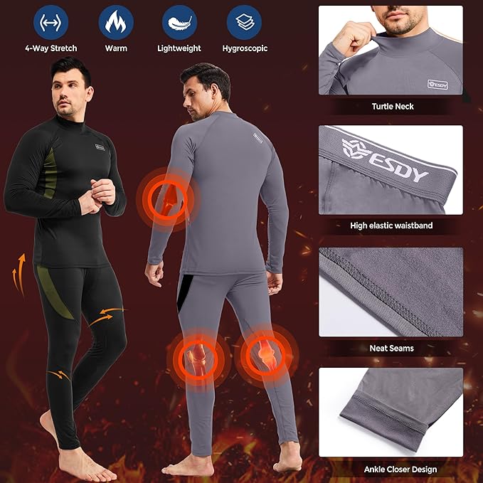 romision 2 Pack Thermal Underwear for Men Long Johns Fleece Lined Hunting Gear Bottom Top Set Base Layer Cold Weather XS-4XL