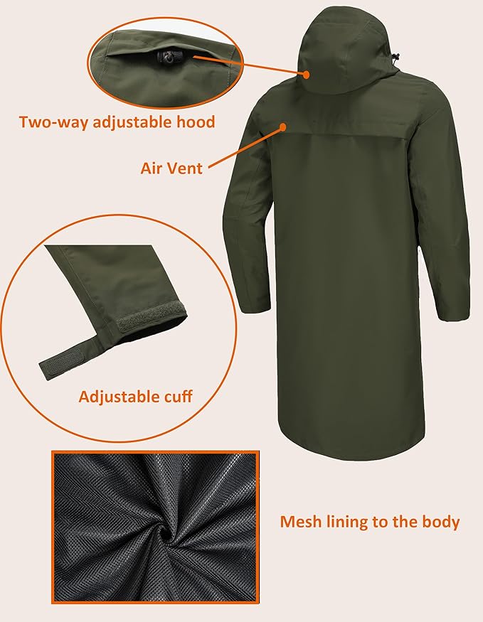 Rain Jacket Men,Waterproof Breathable Long Raincoat with Hood Mesh Lining,Windbreaker for outdoor activities