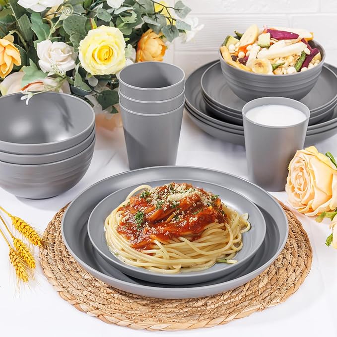 Supernal Dark Grey Wheat Straw Dinnerware Sets,16Pcs Unbreakable Reusable Plastic Wheat Straw Bowls & Plates Dinner Set, Plastic Dinnerware Set for 4, 8Plates, 4Bowls, 4Cups for Kitchen & Camping