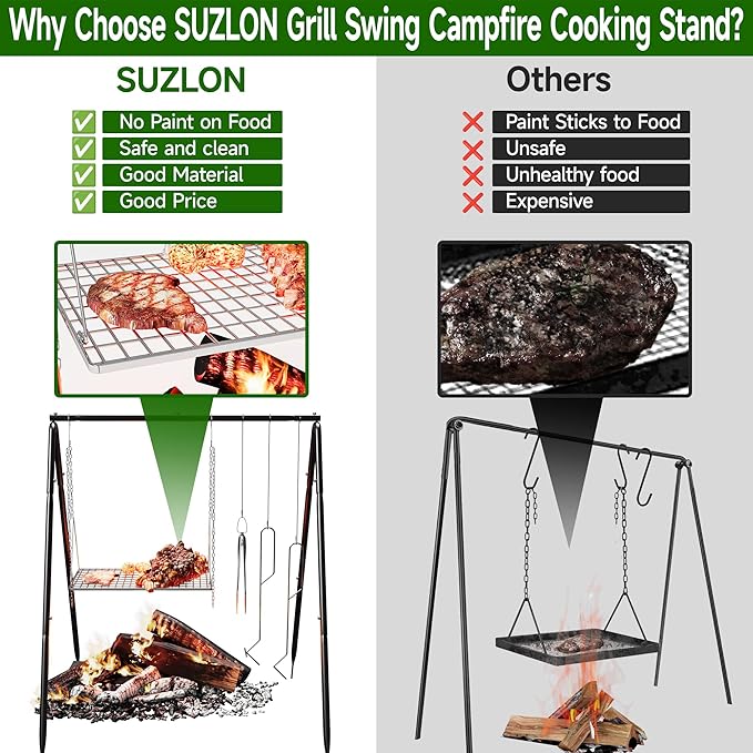 Campfire Tripod for Cooking, Portable & Collapsible Camping Cooking Tripod Grill with Round Grate for BBQ Picnic Outdoor Cookware Party (Swing Campfire Grill Stand)