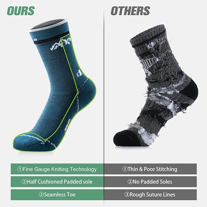 innotree 3 Pack Men's Merino Wool Hiking Socks, Micro Crew Cushioned Hiking Walking Thermal Moisture Wicking Trekking Socks