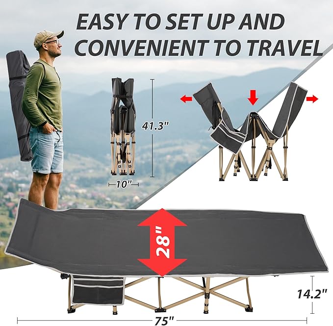 Folding Camping Cot for Sleeping, Portable Cots for Adults, Heavy Duty Cot Bed 550LBS(Max Load), Extra Wider Cots with Large Pocket for Outdoor, Office, Beach