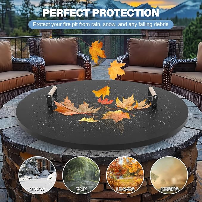 Fire Pit Lid Cover Round - 34" Rust Resistant Powder Coated Steel Firepit Cover or Table with 2 Wooden Handles for Patio Fire Pit, Weatherproof for All Seasons, Fits Fire Pits Up to 32"