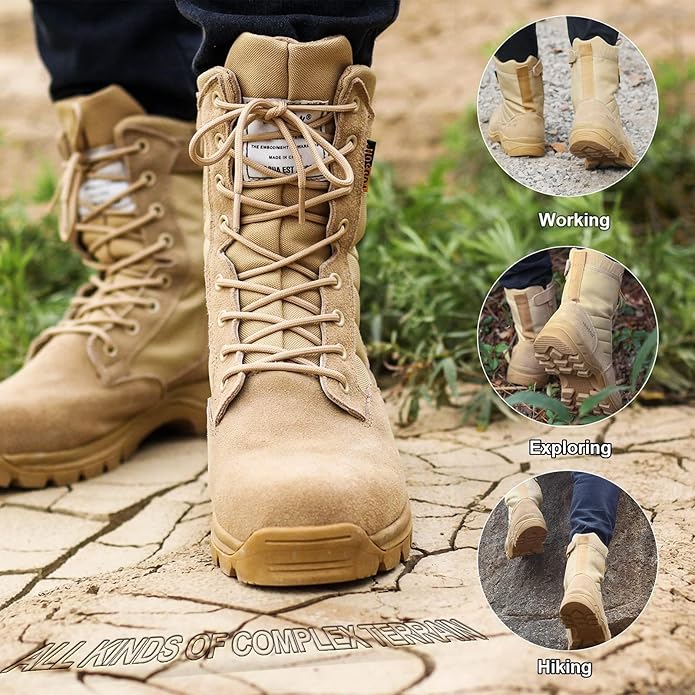 Men's Military Tactical Work Boots with Side Zipper, Puncture Resistant, Desert Combat, Army Jungle, 8 Inch Lightweight Hiking Boots