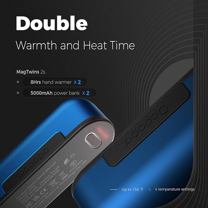 OCOOPA Hand Warmers Rechargeable 2 Pack, Magnetic Electric Handwarmer, 4 Levels Heat Up to 136℉, USB-C Portable Charger 10000mAh, Raynauds, Golf, Tech Gifts for Men, UT2s(MagTwins)