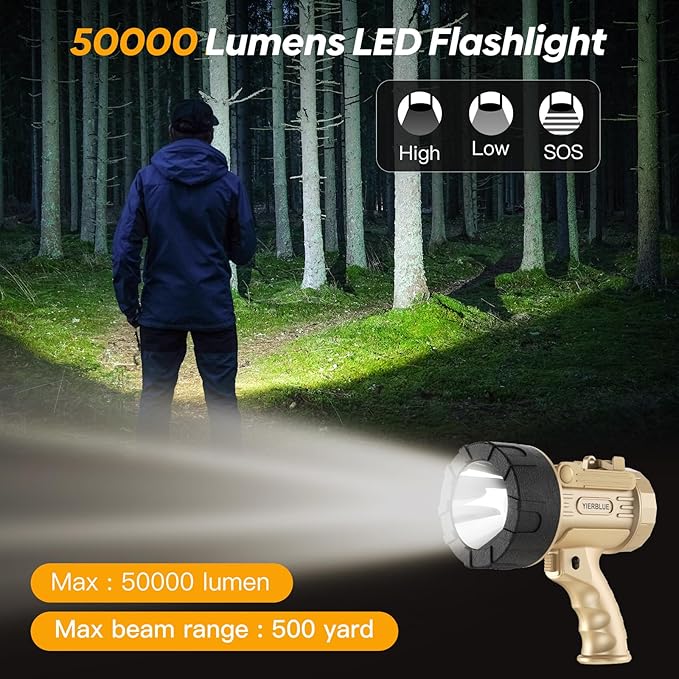 YIERBLUE Rechargeable Spotlight 1000,000 Lumen LED, IP67 Waterproof Handheld Flashlight, 3 Adaptable Settings Spot Light with Red Filter