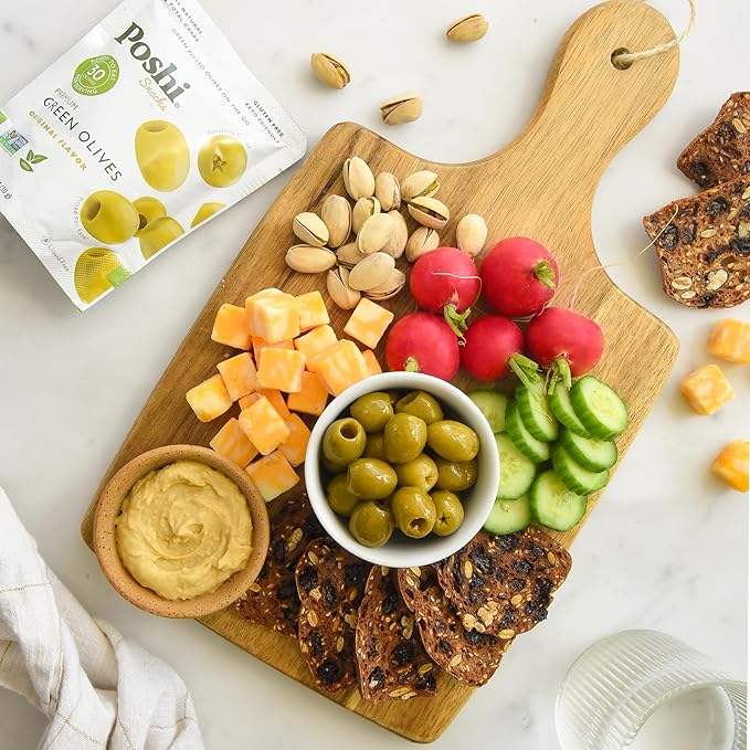 Poshi Green Olives On-The-Go - Original Flavor - Single Serve Pitted Olives - Convenient and Healthy Snack Packs - All Natural, Non-GMO, Kosher, Gluten-Free - 1.1 Oz Bags (30/Pack)