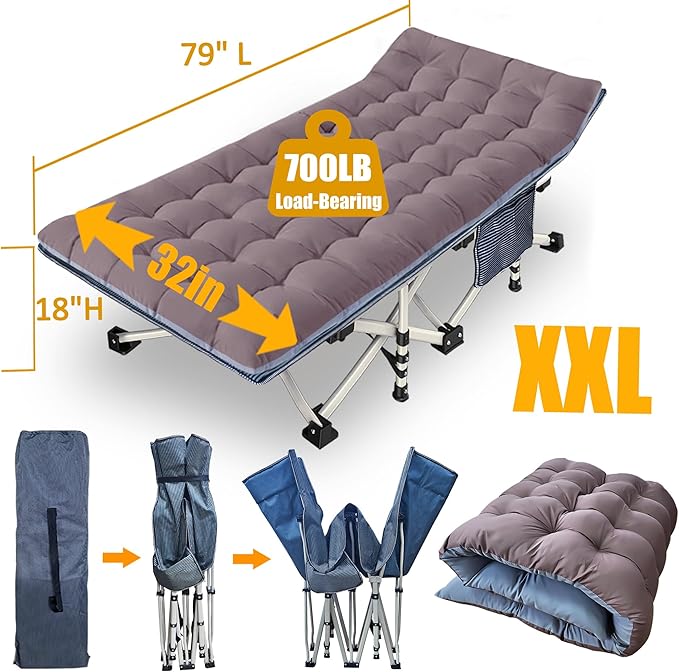 2 Pack 79" L x 32" W x 18" H Oversize XXL Camping Cot with Comfortable Mattress for Adults Extra Wide Cots for Sleeping with Carry Bag Folding Cot Heavy Duty Camping Bed for Home Office Outdoor