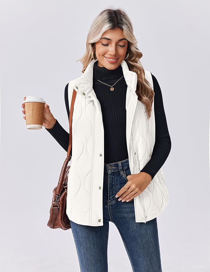 Zeagoo Puffer Vest Women Sleeveless Quilted Jacket Lightweight Snap Zip Up Stand-up Collar Down with Pockets Outerwear