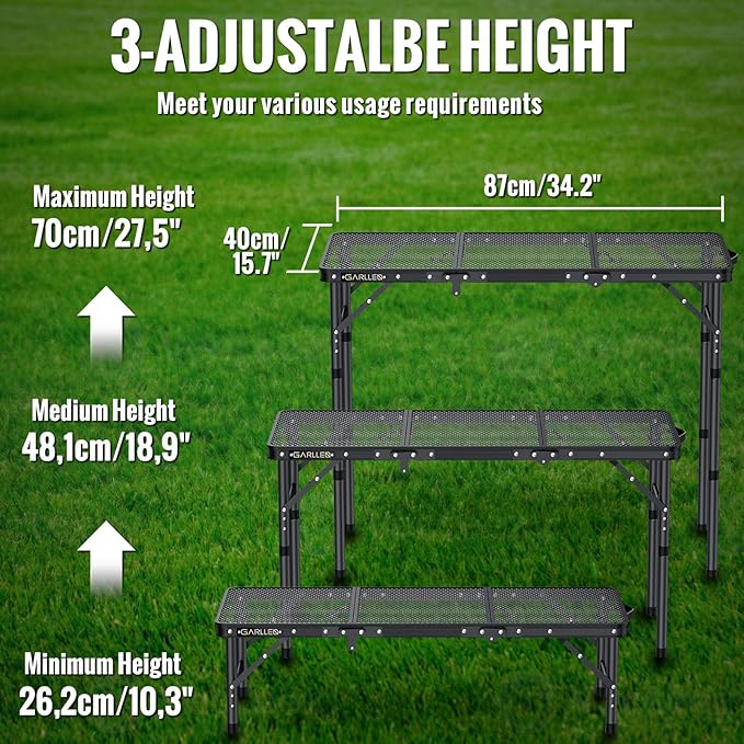 GARLLEN Folding Grill Table, 3 Adjustable Height Portable Picnic Table with Heat-Resistant Mesh Desktop, Lightweight Aluminum Camping Table for Outdoor, BBQ, Camping, 34.2" L x 15.7" W, Black
