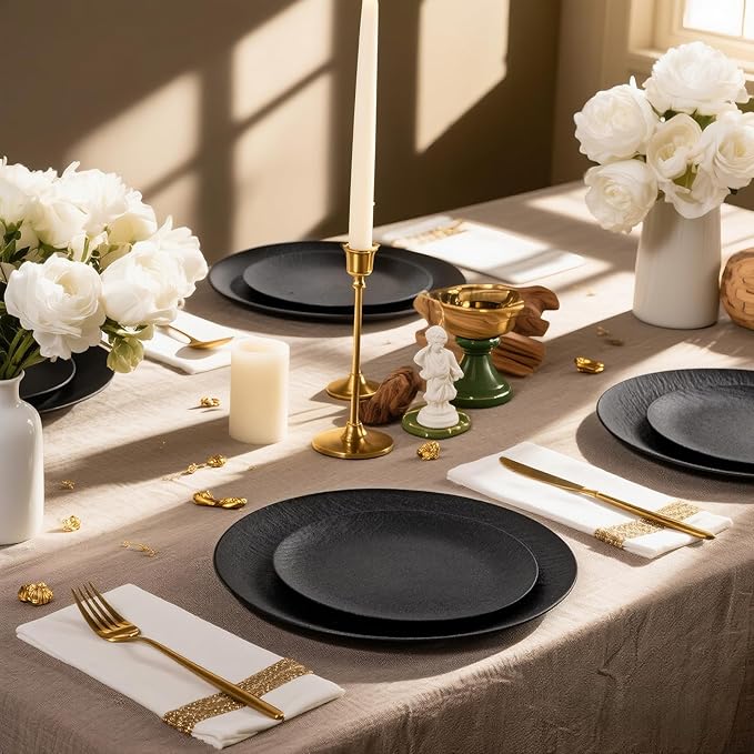 WONDERFUL 32pcs Black Plates Black Plastic Plates Halloween Plates Unbreakable and Reusable Plastic Plate Dishwasher safe Dishes Set Includes:16 Dinner 10" & 16 Dessert Plate 7.3" Suitable for Camping