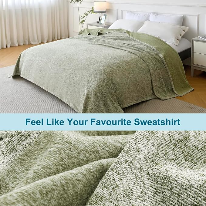 KAWAHOME Summer Sweatshirt Blanket King Size for Bed-Lightweight Breathable Blankets,Soft Thin Knit Jersey Blanket for Hot Sleepers,108 X 90 Inches, Heather Green