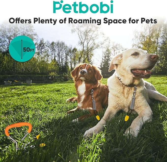 Petbobi Dog Tie-Out Cable and Stake - 50ft Heavy Duty Cable with Spring, No Tangle, 16in Ground Stake, Ideal for Yard, Camping and Beach, Suitable for Medium to Large Dogs Up to 120 lbs, Black