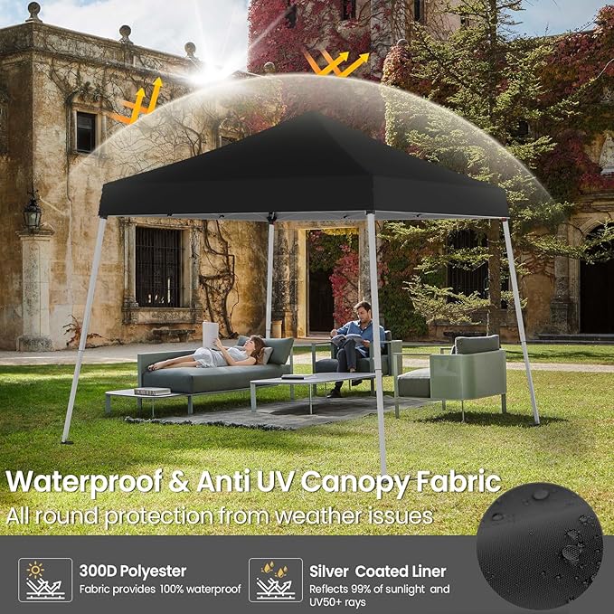 10x10 Pop Up Canopy, 300D Silver Coated Black Fabric Outdoor Gazebo, Beach Tent Slant Legs with Storage Bag,Easy Up Sun Shade Shelter Tents with 8x8 Top Cover for Patio,Party