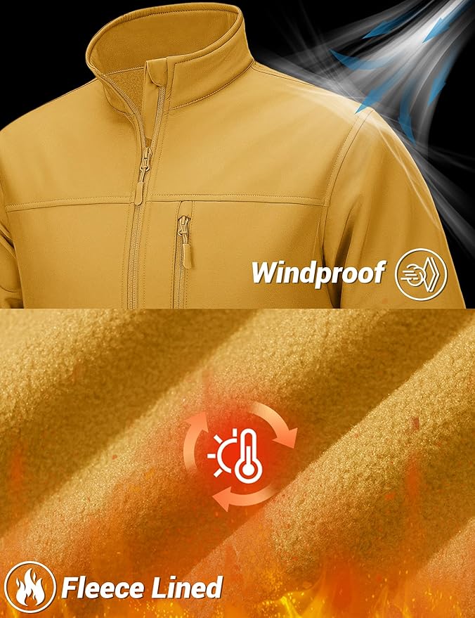 TACVASEN Men's Lightweight Softshell Jacket Fleece Lined Waterproof Tactical Rain Zip Up Winter Coat Windbreaker Casual