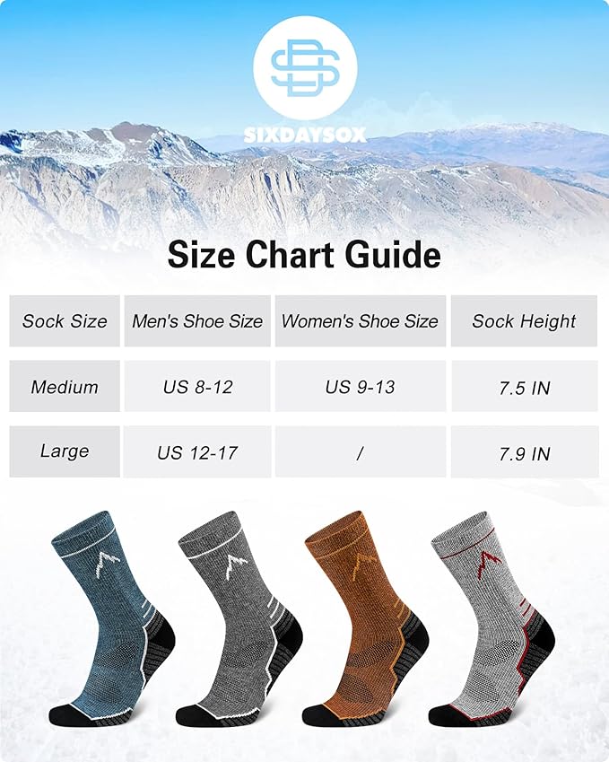 SIXDAYSOX Mens Merino Wool Hiking Socks, Moisture Wicking Cushioned Hiking Socks for Outdoor Trekking Cycling, 2 Pairs