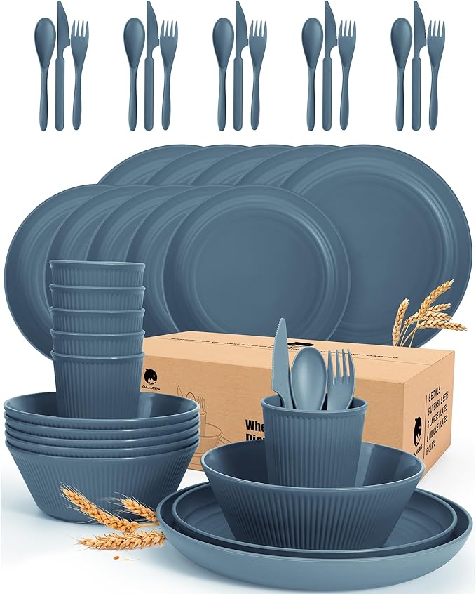 42 Pieces Kitchen Plates and Bowls Set - OAMCEG Plastic Dinner Set for 6, Plastic Wheat Straw Dinnerware Set, College Dorm Microwave Dishes, Unbreakable Plastic Outdoor Camping Dishes, Dark Blue