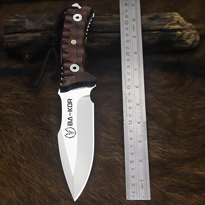BA-KOR Yellow pear wood handle 6mm 9CR18MOV steel (10.6IN) full Tang forged fixed knife + sheath & (5.9IN) iron ceric igniter, suitable for outdoor camping, tactical survival, EDC, hunting knife (6mm - King Crocodile)
