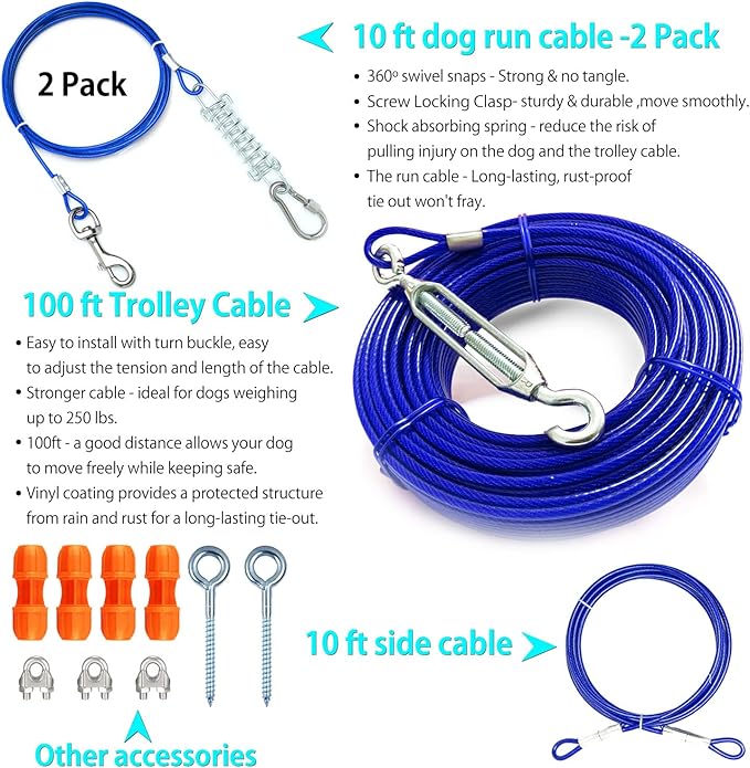 Patented Heavy Duty Dog Tie Out Trolley System Zipline for Two Dogs Up to 250lb - 100ft Dog Runner Cable & 10ft Run with 4 Patented Stoppers for Yard Camping Outdoor