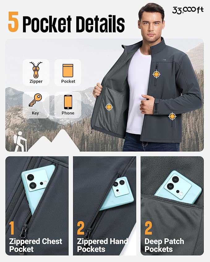 33,000ft Men's Waterproof Softshell Jacket Warm Fleece Lined Windbreaker Lightweight Soft Shell for Travel Hiking Golf