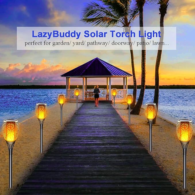 8 Pack Solar Lights Outdoor - Upgraded Solar Tiki Torches with Realistic Flickering Flame, 3-in-1 Fire Effect Hanging Lantern for Garden, Pathway, Yard, Patio - Waterproof & Auto On/Off