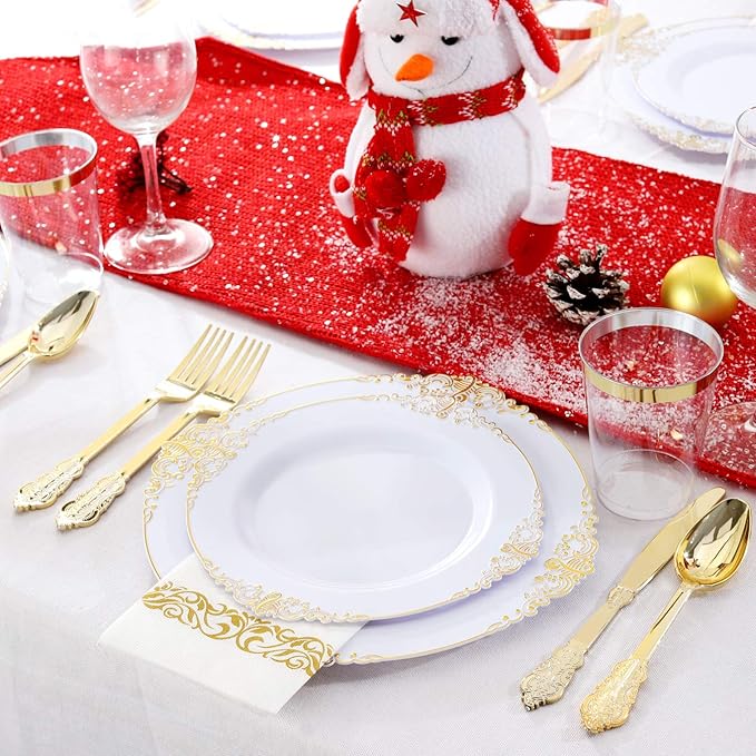 Nervure 175PCS White and Gold Plastic Plates - Disposable Dinnerware Set Include 50 Gold Plates for Dinner and Dessert, 75 Cutlery, 25Cups 25Napkins for Wedding & Party & Thanksgiving