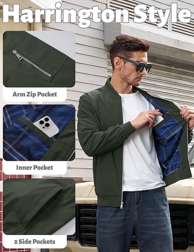 TACVASEN Mens Bomber Jacket Plaid Lined Casual Windbreaker Stylish Light Fall Spring Jackets Windproof Zip Up Coat