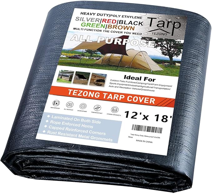 TEZONG Tarps Heavy Duty Waterproof 12x18ft,Black Plastic Tarps Large Multipurpose Outdoor Tarp Cover Thick Poly Tarpaulin 16MIL for Emergency Rain or Sun, Roof, Patio Furniture, Firewood, Canopy