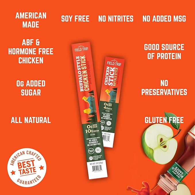 Field Trip Hormone Free Spicy Buffalo Chicken Jerky Snack Sticks, Zero Sugar, Keto, Paleo, Gluten Free, Allergy Friendly Snack, High Protein, 25 Calorie Snack, 0.5oz, 24 Pack
