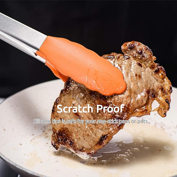 Kitchen Tongs, U-Taste 7/9/12 inches Cooking Tongs, with 600ºF High Heat-Resistant Non-Stick Silicone Tips, 18/8 Stainless Steel Handle, for Food Grill, Salad, BBQ, Frying, Serving, Pack of 3(Orange)