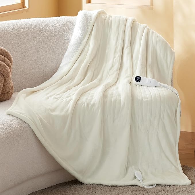 Bedsure Heated Blanket Throw Blanket - Fast Heating Electric Blanket, Soft Flannel Heated Throw with 4 Time Settings, 6 Heating Settings, Warm Gifts for Grandma (50x60 inches, Ivory)
