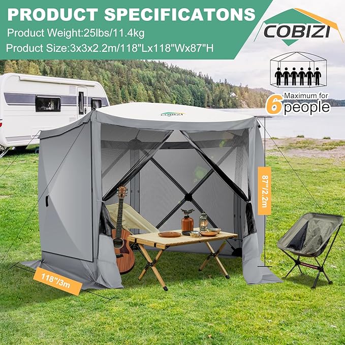 COBIZI 10x10ft Pop up Gazebo Screen House Tent for Camping, Pop-up Camping Canopy with Sidewalls,Portable Outdoor Quick-Set Hub Tent with Carrying Bag&Ground Stakes,Gray(Upgraded 2.0)