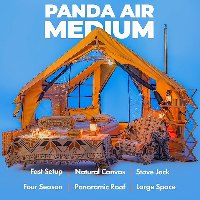 Panda Inflatable Tents for Camping with Stove Jack, Canvas Blow Up, Easy Setup Inflatable Tent, Waterproof Hot Inflatable Outdoor House, Casa de Campaña with Hand Pump