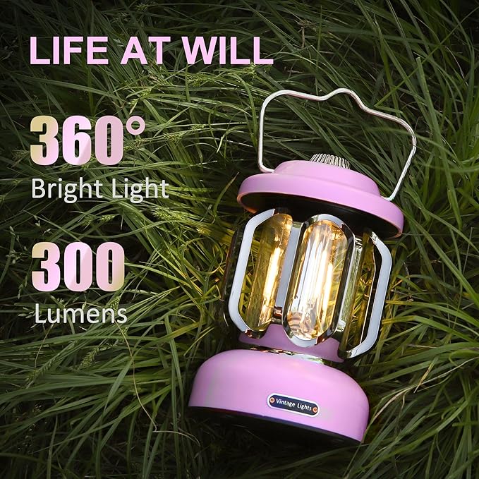 Rechargeable LED Camping Lanterns, 2000mAh Vintage Camping Lights Battery Operated Rechargeable , Hanging Retro Metal Hiking Tent Lamp for Emergency, Hurricane,Decoration,Home, Pink, 1 Pack