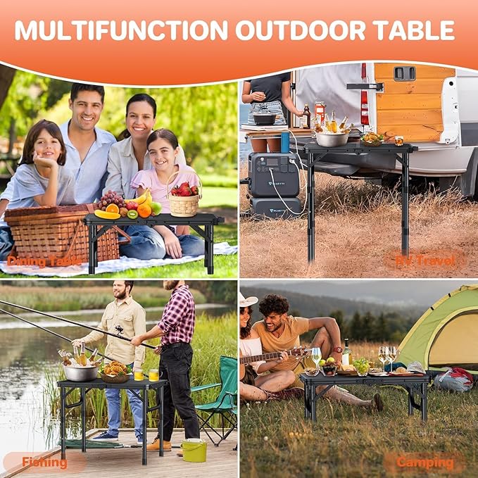 FUNYKICH 2ft Small Folding Camping Table(22.8'' Lx15.7'' W), 3 Height Adjustable Portable Picnic Table, Lightweight Aluminum Outdoor Table with Carry Handle for Camping, Beach, Picnic, Party, Black