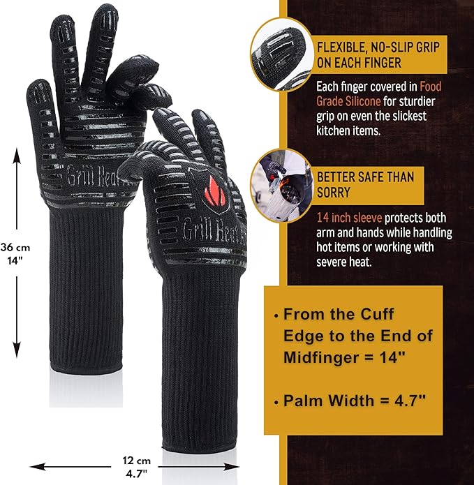 GRILL HEAT AID BBQ Grill Gloves Heat Proof for Grilling โ Fireproof 1472ยฐF Heat-Resistant Grill Mitts for Outdoor Barbecue and Smoker, Campfire, Fire Pit, Oven Glove with Fingers for Baking Pizza