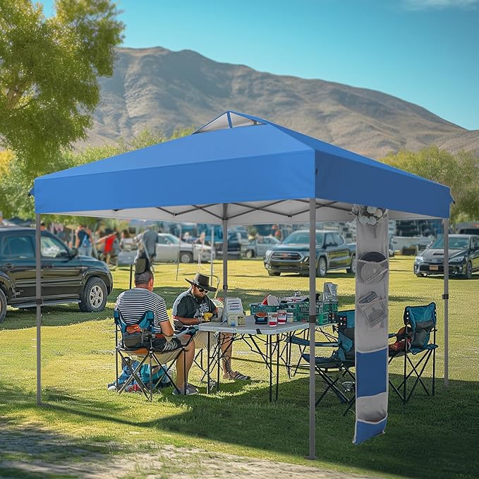 MFSTUDIO Pop Up Canopy Tent, 10x10 Outdoor Canopies One Push Setup Instant Portable Shelter Tens with Vented Top, Storage, 4 Sandbags, Beach Canopy,Blue