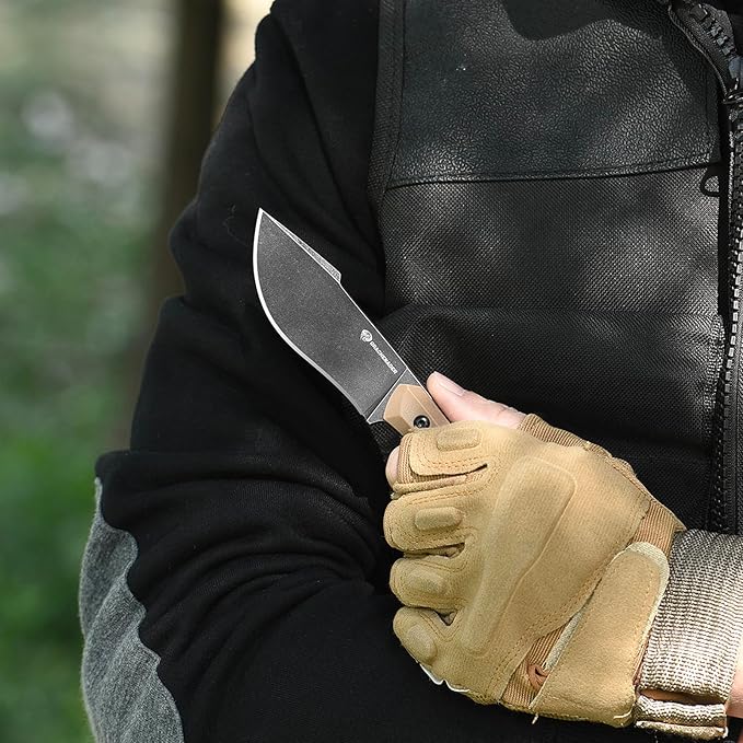 Survival Knife with Fire Starter L-Y, 7.68" Full Tang Small Fixed Blade Knife with Belt Clip, Khaki + Stonewashed Black