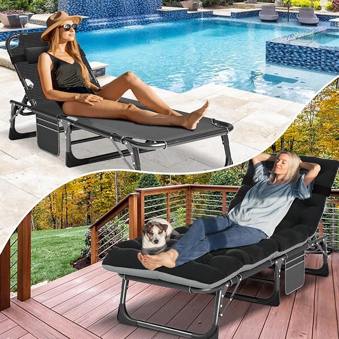 LILYPELLE Portable Folding Cot Bed, Adjustable 6-Position Adults Reclining Chaise with Pillow, Outdoor Portable Lounge Chair Sleeping Cot for Camping, Pool, Beach, Patio