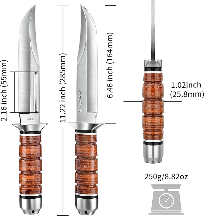 6.4" Fixed Blade Hunting Knife- Genuine Leather Handle Bowie Knives with Sheath Straight Edge for Camping, Hiking, Survival