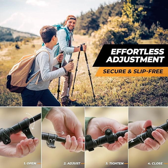Foxelli Carbon Fiber Trekking Poles – Lightweight Collapsible Hiking Poles with Cork Grips, Lever Locks & All Terrain Accessories