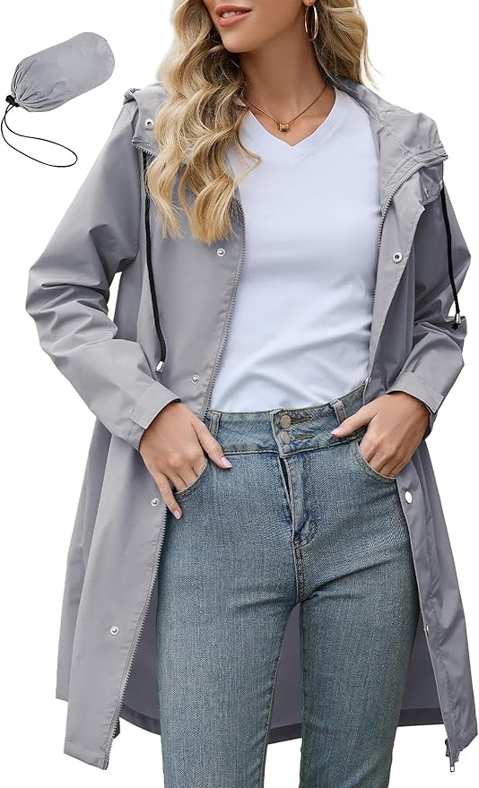Zando Long Packable Rain Jacket Women Waterproof - Raincoat for Women Rain Coat with Hood Lightweight Outdoor Windbreaker