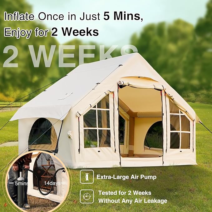 2025 Upgraded Waterproof Inflatable Camping Tent, Large Blow-Up Air Tent, No Assembly Needed Luxury Glamping House, Oxford Fabric